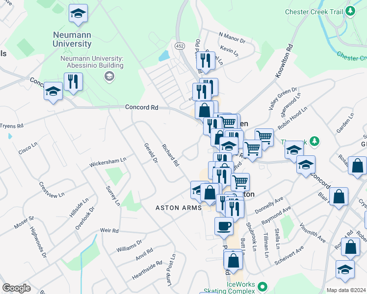 map of restaurants, bars, coffee shops, grocery stores, and more near 18-20 Thomas Road in Aston
