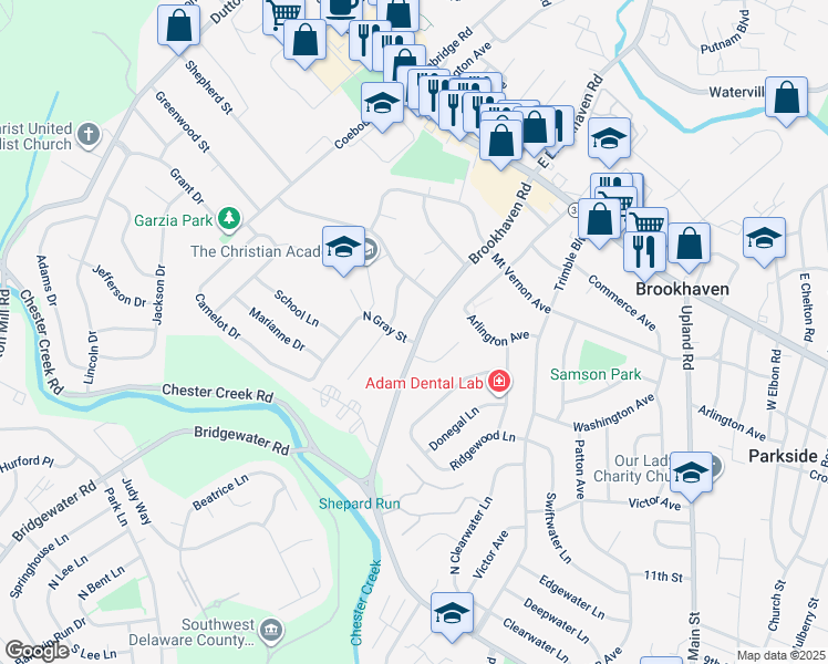 map of restaurants, bars, coffee shops, grocery stores, and more near 338 West Brookhaven Road in Brookhaven