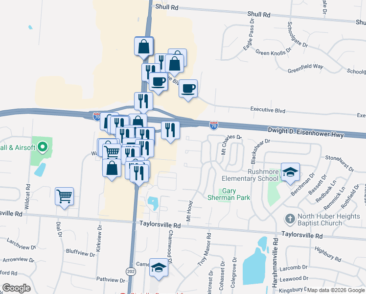 map of restaurants, bars, coffee shops, grocery stores, and more near 8221 Mount Carmel Street in Huber Heights