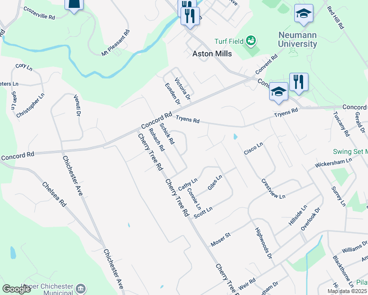 map of restaurants, bars, coffee shops, grocery stores, and more near 17 Snyder Lane in Aston
