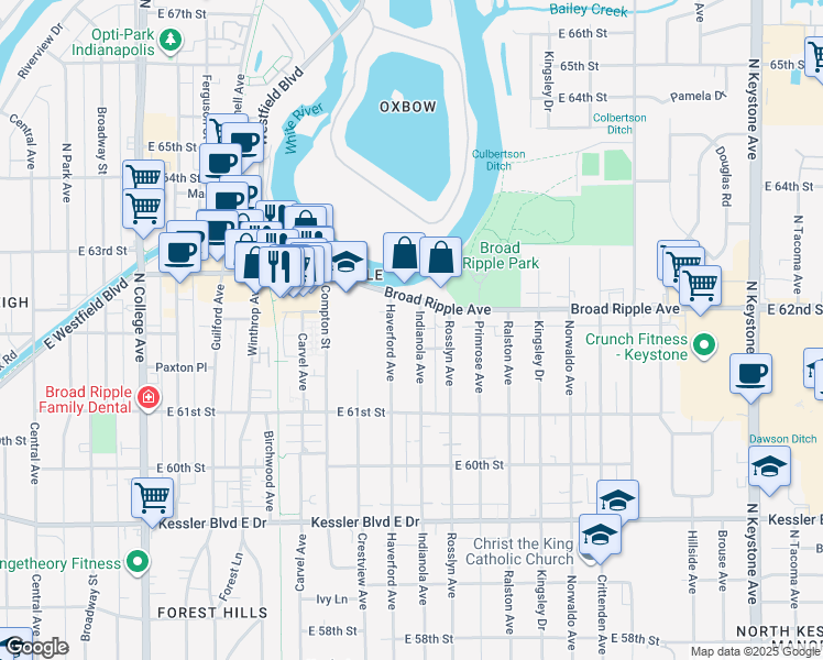 map of restaurants, bars, coffee shops, grocery stores, and more near 6261 Haverford Avenue in Indianapolis