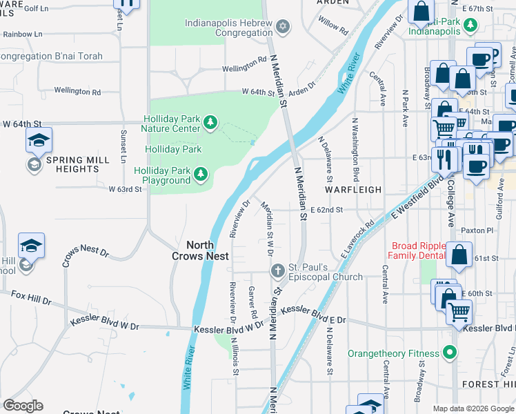 map of restaurants, bars, coffee shops, grocery stores, and more near 6212 Meridian Street West Drive in Indianapolis