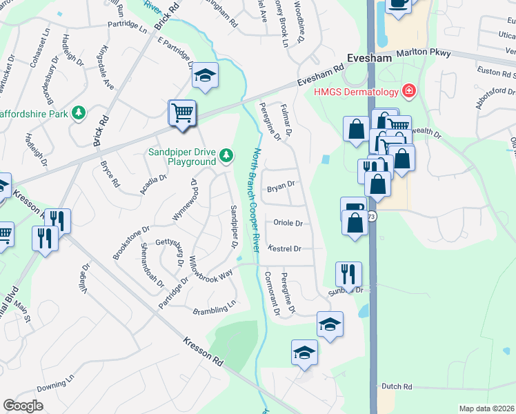 map of restaurants, bars, coffee shops, grocery stores, and more near 25 Christopher Road in Voorhees Township