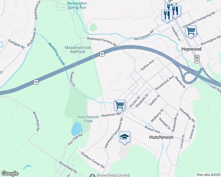 map of restaurants, bars, coffee shops, grocery stores, and more near 221 Willow Way in Uniontown