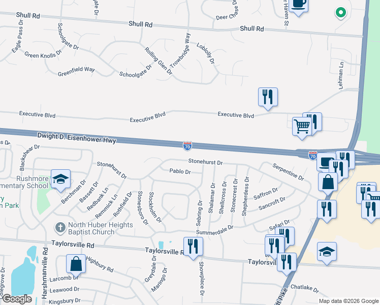 map of restaurants, bars, coffee shops, grocery stores, and more near 6791 Stonehurst Drive in Dayton