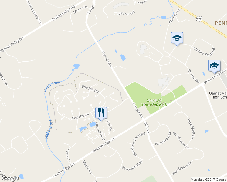map of restaurants, bars, coffee shops, grocery stores, and more near 517 Hunting Whip Road in Glen Mills