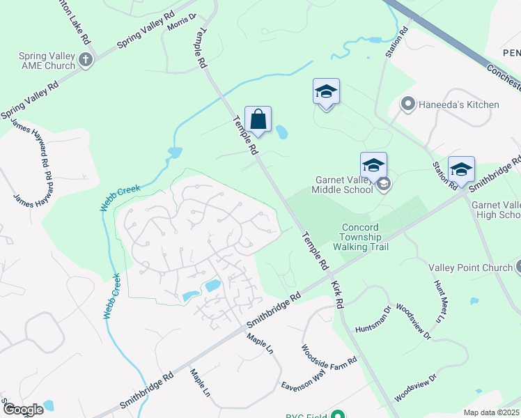 map of restaurants, bars, coffee shops, grocery stores, and more near 517 Hunting Whip Road in Glen Mills