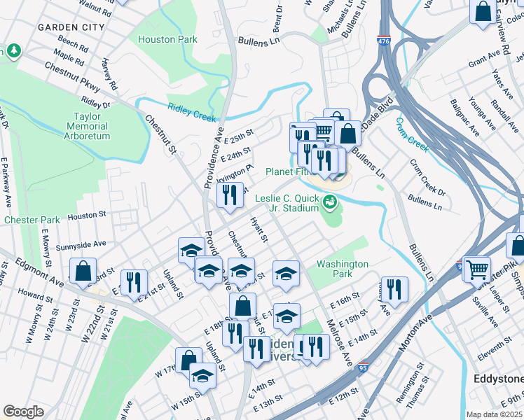 map of restaurants, bars, coffee shops, grocery stores, and more near 819 East 22nd Street in Chester
