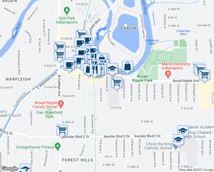 map of restaurants, bars, coffee shops, grocery stores, and more near 6138 Compton Street in Indianapolis