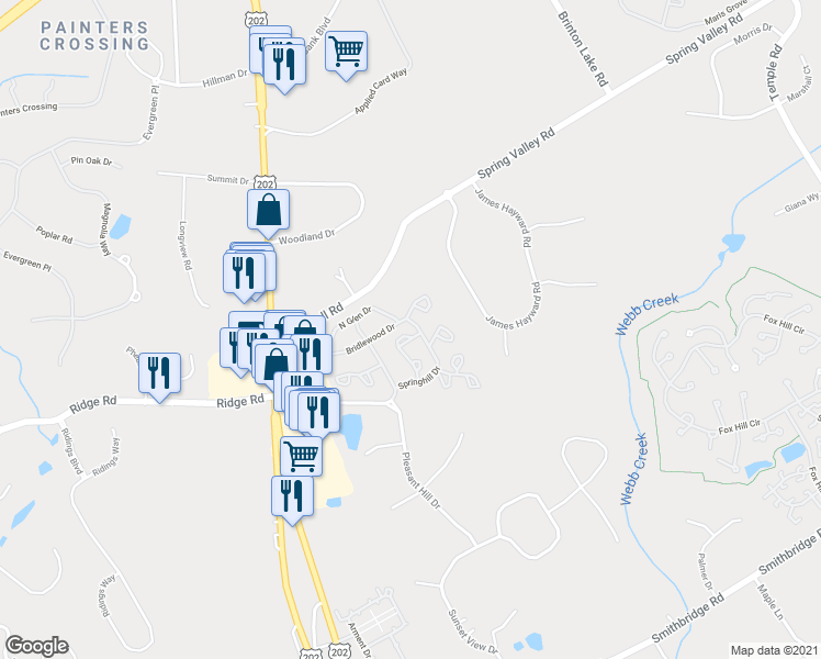 map of restaurants, bars, coffee shops, grocery stores, and more near 2902 Bridlewood Drive in Glen Mills