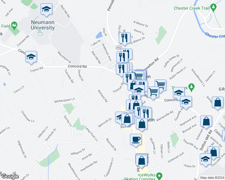 map of restaurants, bars, coffee shops, grocery stores, and more near 26 Thomas Road in Aston