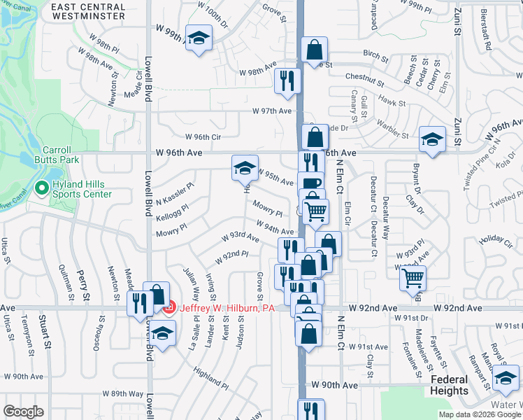 map of restaurants, bars, coffee shops, grocery stores, and more near 3150 North Kassler Place in Westminster