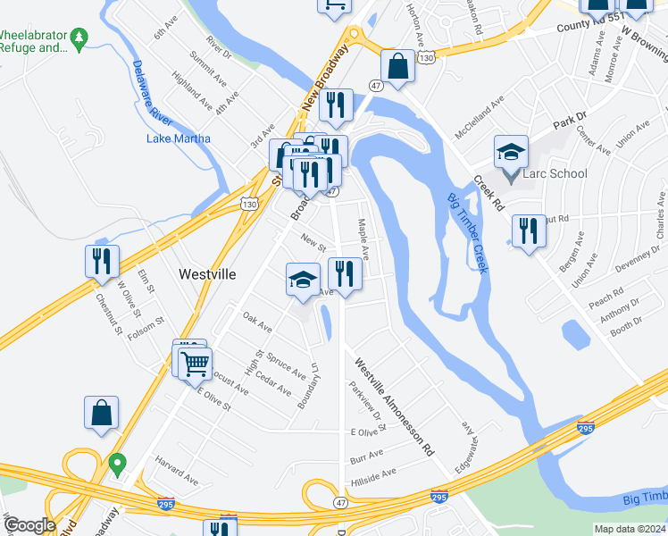 map of restaurants, bars, coffee shops, grocery stores, and more near 307 High Street in Westville