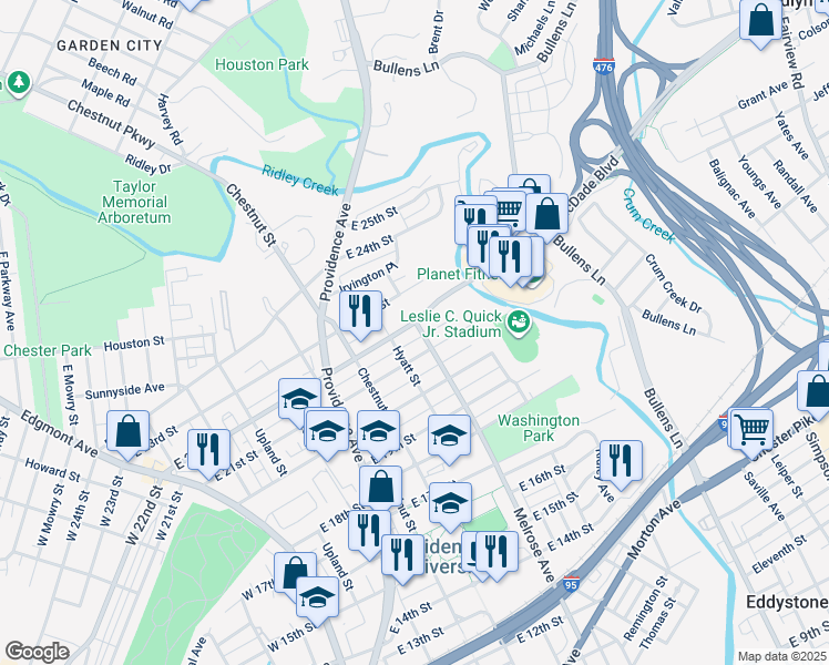 map of restaurants, bars, coffee shops, grocery stores, and more near 907 East 22nd Street in Chester