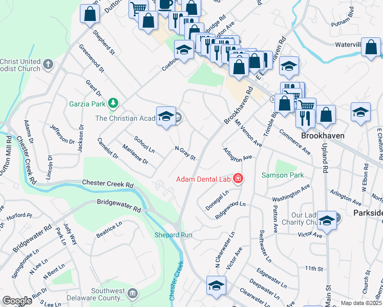 map of restaurants, bars, coffee shops, grocery stores, and more near 329 Melvin Drive in Brookhaven