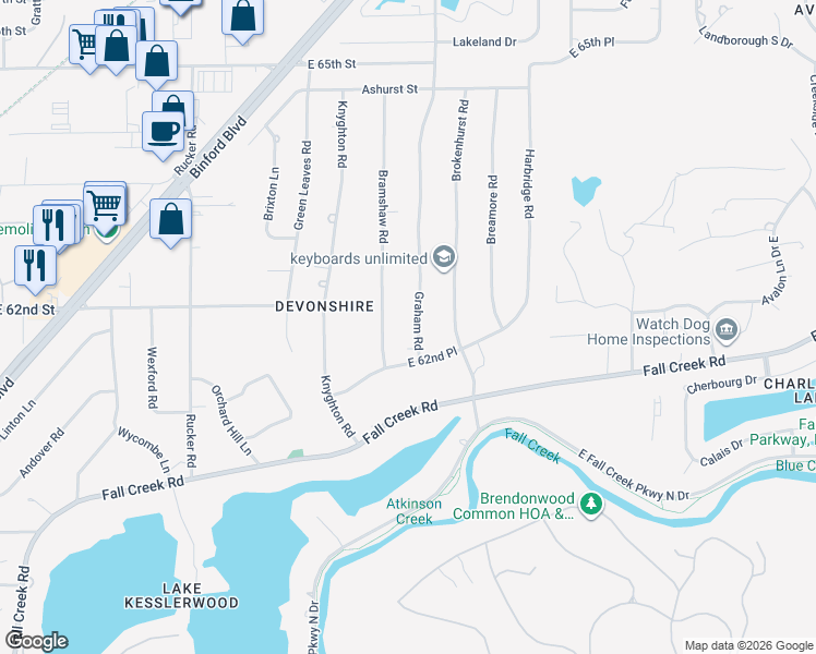 map of restaurants, bars, coffee shops, grocery stores, and more near 6141 Bramshaw Road in Indianapolis