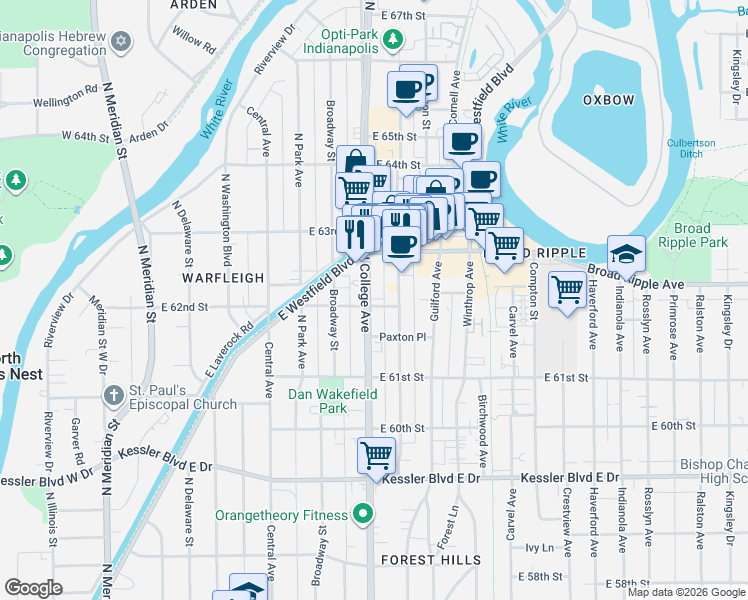 map of restaurants, bars, coffee shops, grocery stores, and more near 6224 North College Avenue in Indianapolis