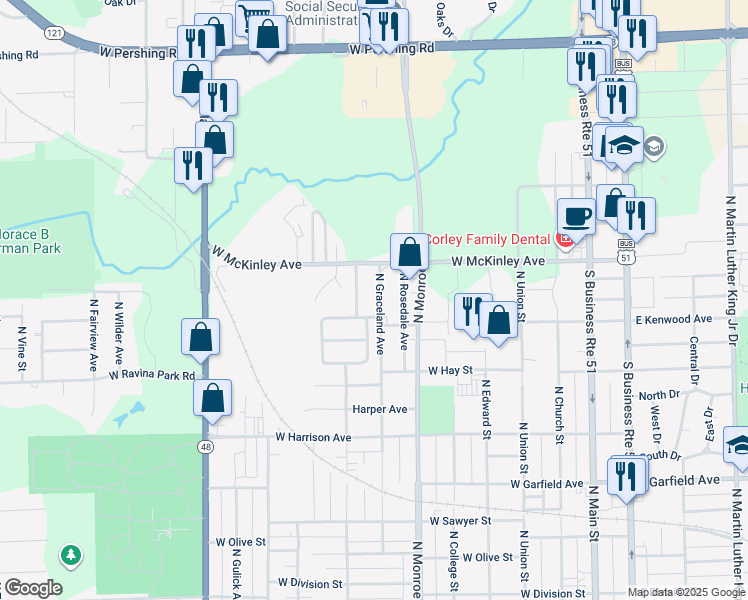map of restaurants, bars, coffee shops, grocery stores, and more near 2454 North Graceland Avenue in Decatur