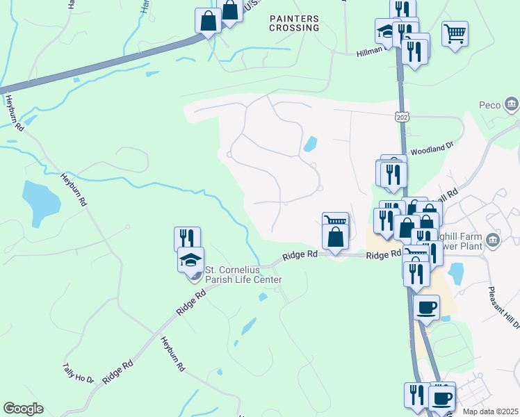 map of restaurants, bars, coffee shops, grocery stores, and more near 46 Magnolia Way in Chadds Ford