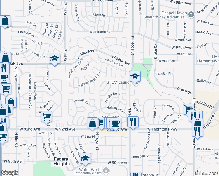 map of restaurants, bars, coffee shops, grocery stores, and more near 9301-9499 Holiday Run in Federal Heights