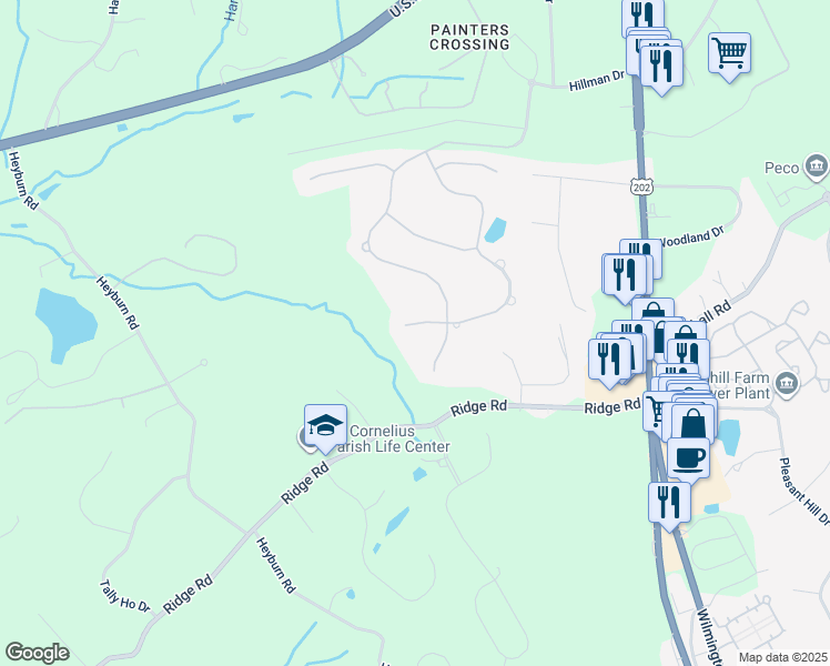 map of restaurants, bars, coffee shops, grocery stores, and more near 46 Magnolia Way in Chadds Ford