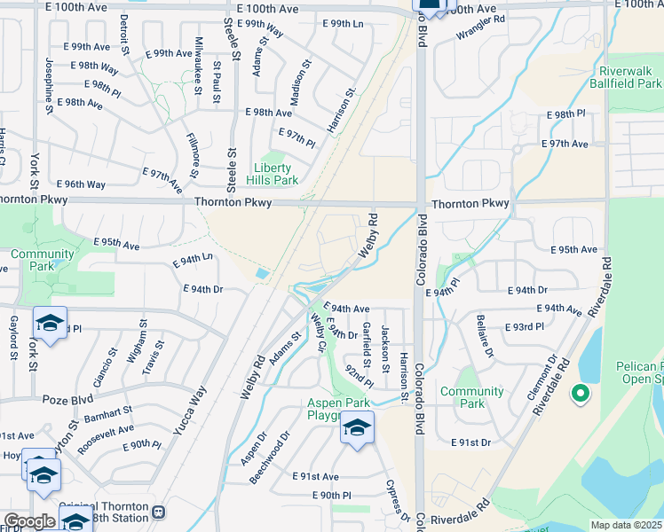 map of restaurants, bars, coffee shops, grocery stores, and more near 9451 Welby Road in Thornton