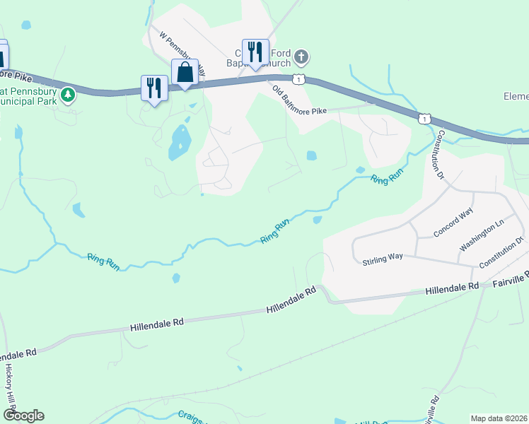 map of restaurants, bars, coffee shops, grocery stores, and more near 180 Ponds Edge Drive in Chadds Ford