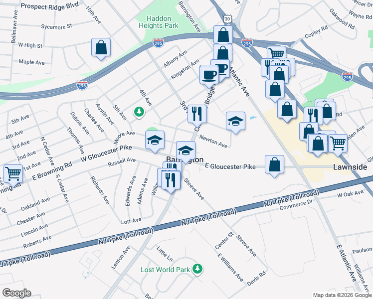 map of restaurants, bars, coffee shops, grocery stores, and more near 5 Moore Avenue in Barrington