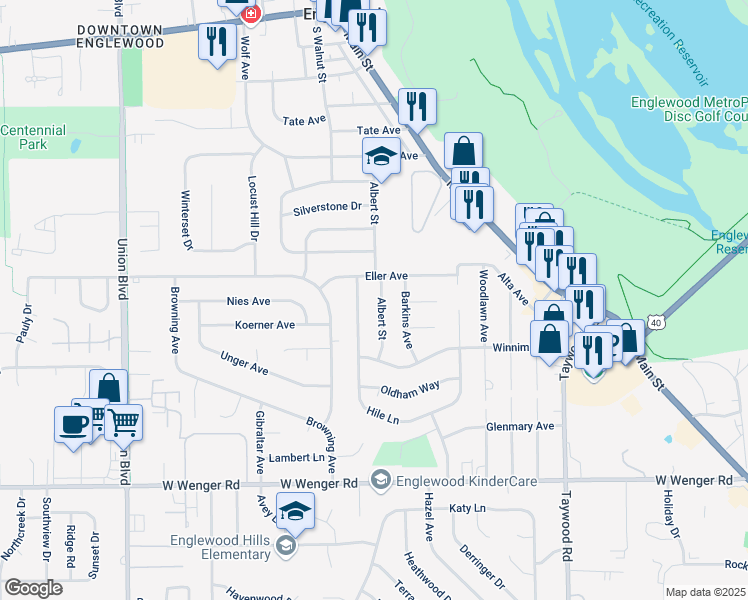 map of restaurants, bars, coffee shops, grocery stores, and more near 927 Hile Lane in Englewood