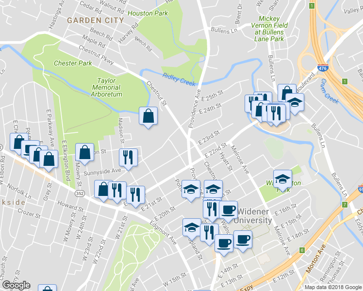 map of restaurants, bars, coffee shops, grocery stores, and more near 2310 Providence Avenue in Chester