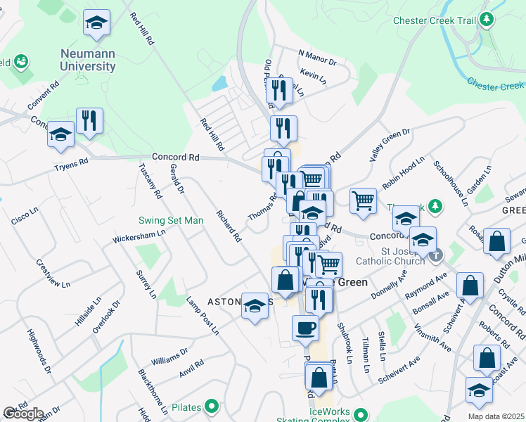 map of restaurants, bars, coffee shops, grocery stores, and more near Thomas Road in Village Green