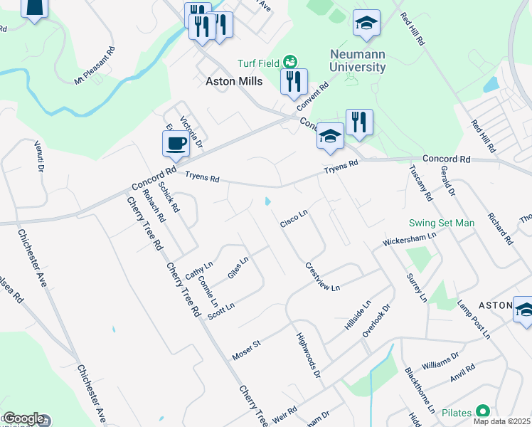 map of restaurants, bars, coffee shops, grocery stores, and more near 14 East Evans Way in Aston