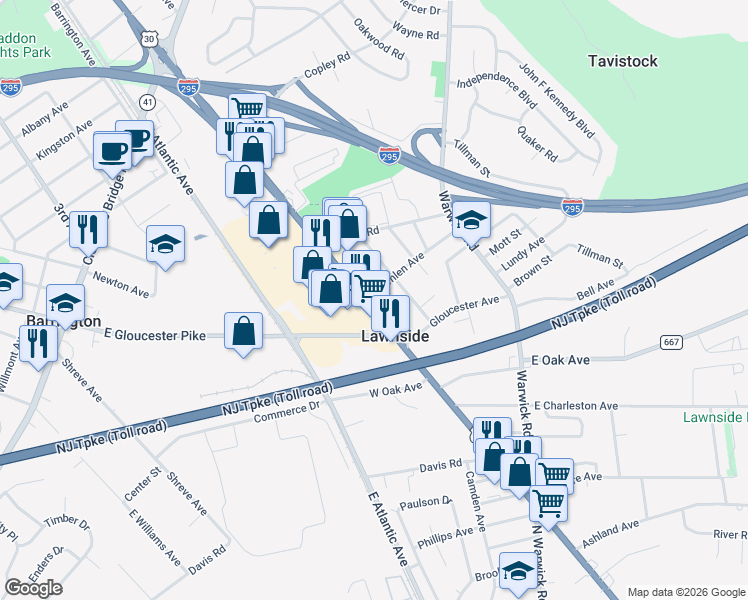 map of restaurants, bars, coffee shops, grocery stores, and more near 147 West Emlen Avenue in Lawnside