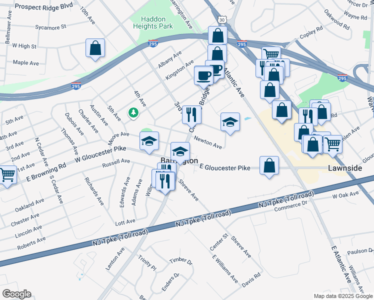map of restaurants, bars, coffee shops, grocery stores, and more near 410 Clements Bridge Road in Barrington