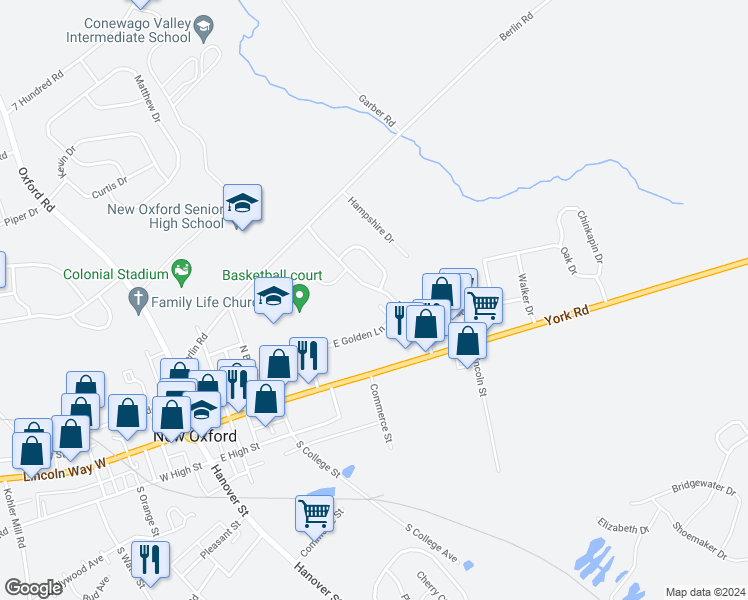 map of restaurants, bars, coffee shops, grocery stores, and more near 94 Billerbeck Street in New Oxford