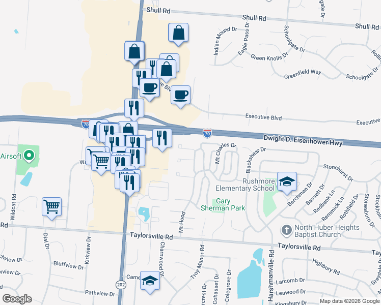 map of restaurants, bars, coffee shops, grocery stores, and more near 8211 Mount Mc Kinley in Dayton