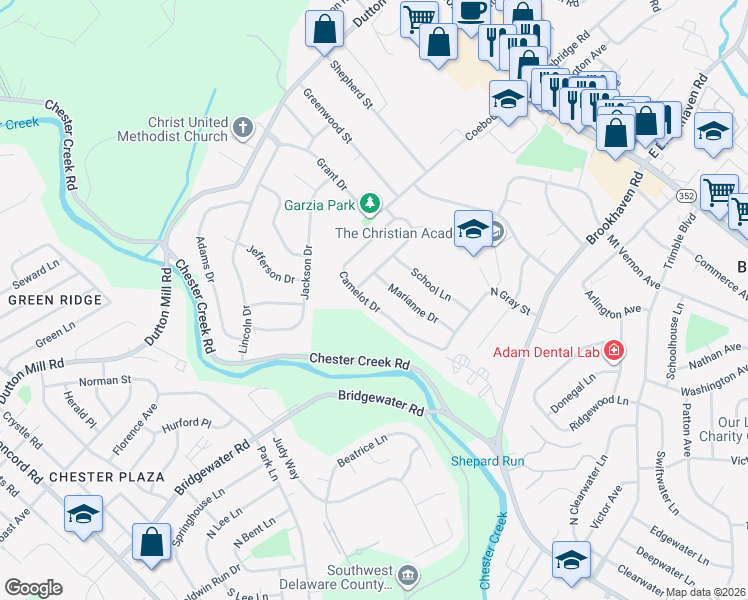 map of restaurants, bars, coffee shops, grocery stores, and more near 506 Camelot Drive in Brookhaven