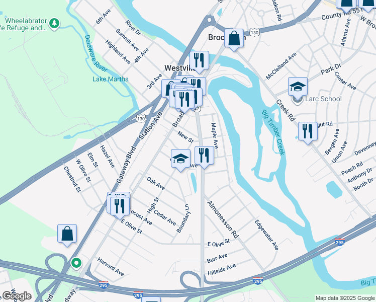 map of restaurants, bars, coffee shops, grocery stores, and more near 323 High Street in Westville