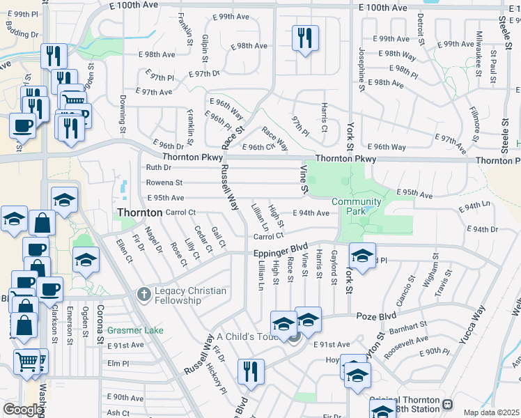 map of restaurants, bars, coffee shops, grocery stores, and more near 9481 High Street in Thornton