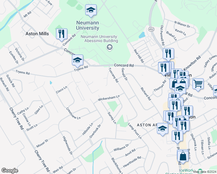 map of restaurants, bars, coffee shops, grocery stores, and more near 140 Sweigart Lane in Aston