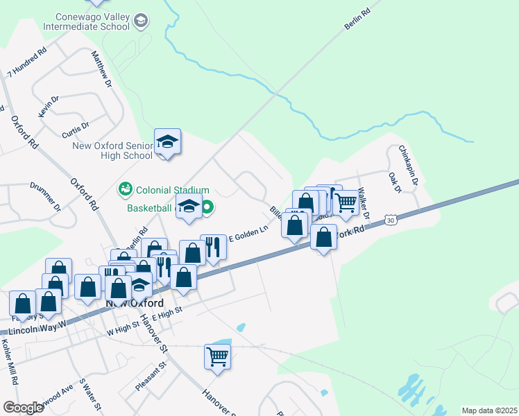 map of restaurants, bars, coffee shops, grocery stores, and more near 94 Billerbeck Street in New Oxford