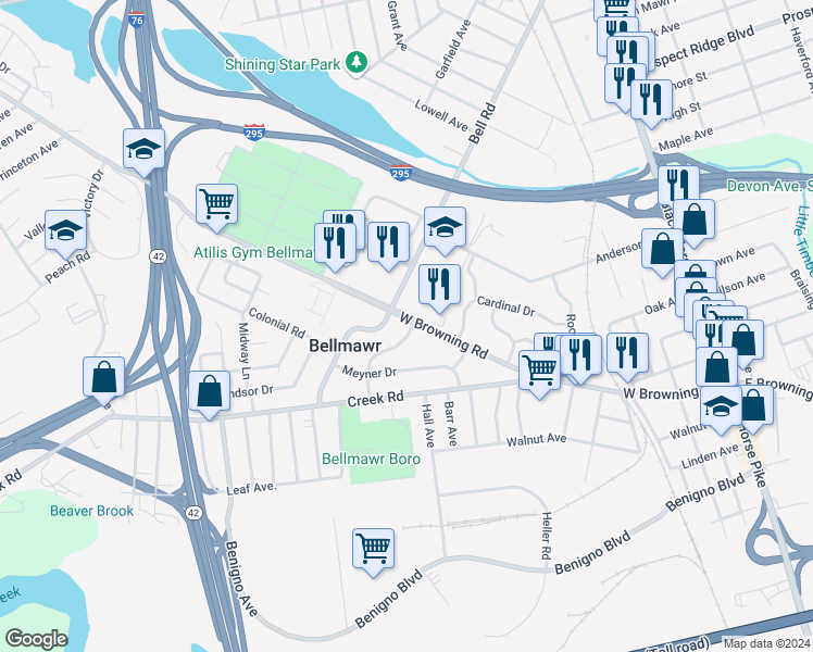map of restaurants, bars, coffee shops, grocery stores, and more near 290 West Browning Road in Bellmawr