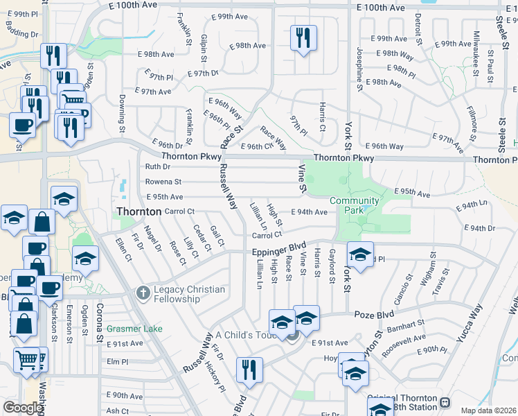 map of restaurants, bars, coffee shops, grocery stores, and more near 9481 High Street in Thornton