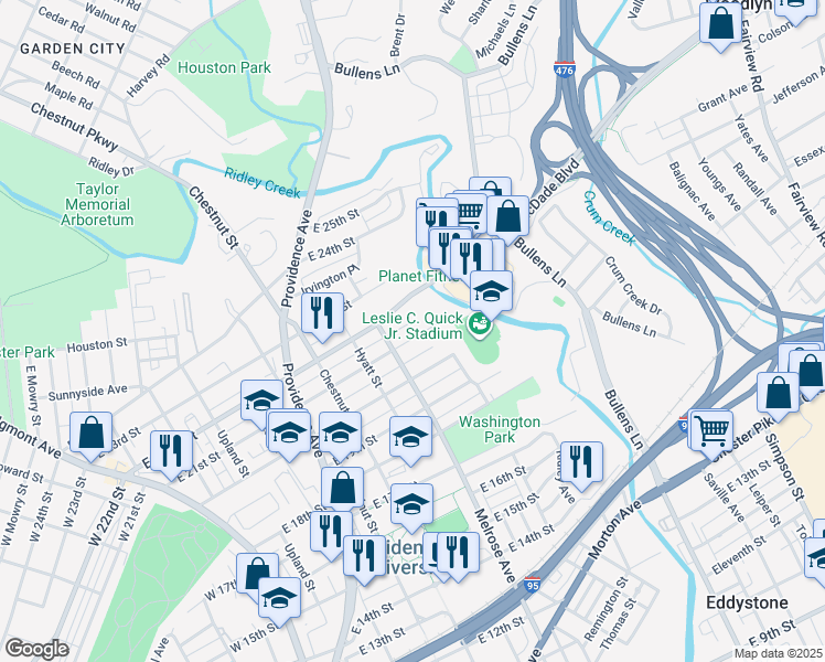 map of restaurants, bars, coffee shops, grocery stores, and more near 1000 MacDade Boulevard in Chester