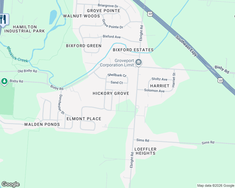 map of restaurants, bars, coffee shops, grocery stores, and more near 5175 Sand Court in Groveport