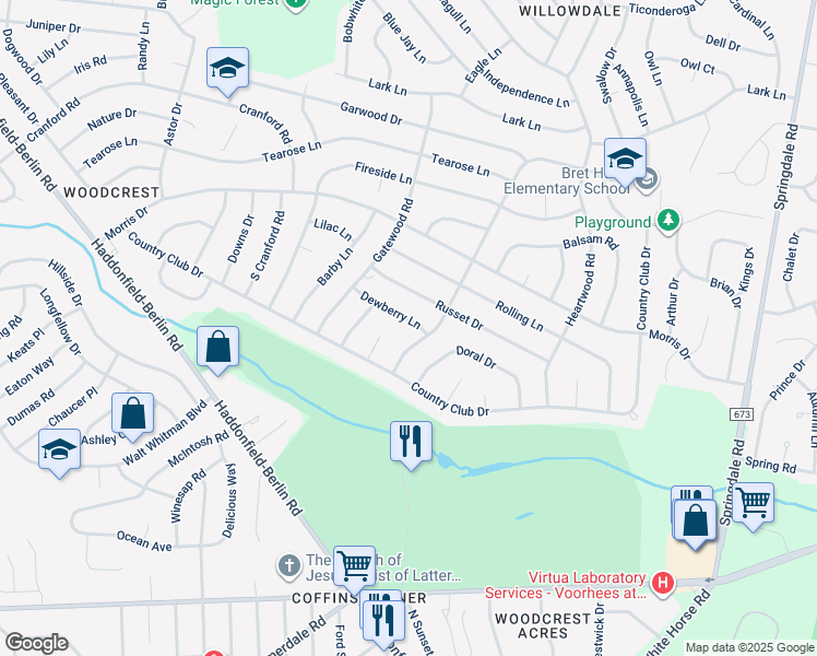 map of restaurants, bars, coffee shops, grocery stores, and more near 1762 Dewberry Lane in Cherry Hill