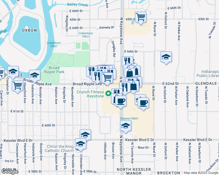 map of restaurants, bars, coffee shops, grocery stores, and more near 2221a East 62nd Street in Indianapolis