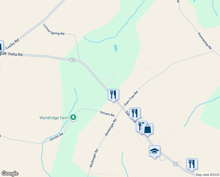 map of restaurants, bars, coffee shops, grocery stores, and more near 2485 Delta Road in Brogue