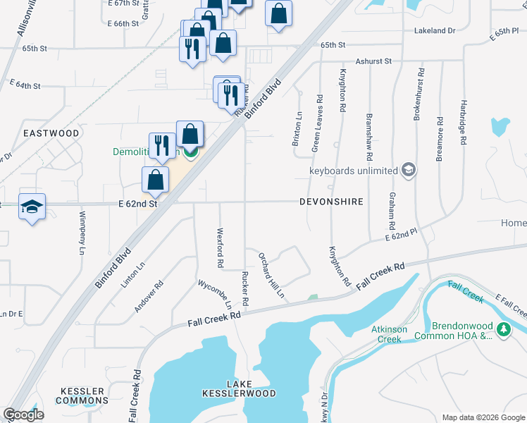 map of restaurants, bars, coffee shops, grocery stores, and more near 5351 East 62nd Street in Indianapolis