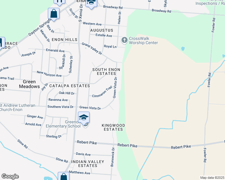 map of restaurants, bars, coffee shops, grocery stores, and more near 282 Green Vista Drive in Enon